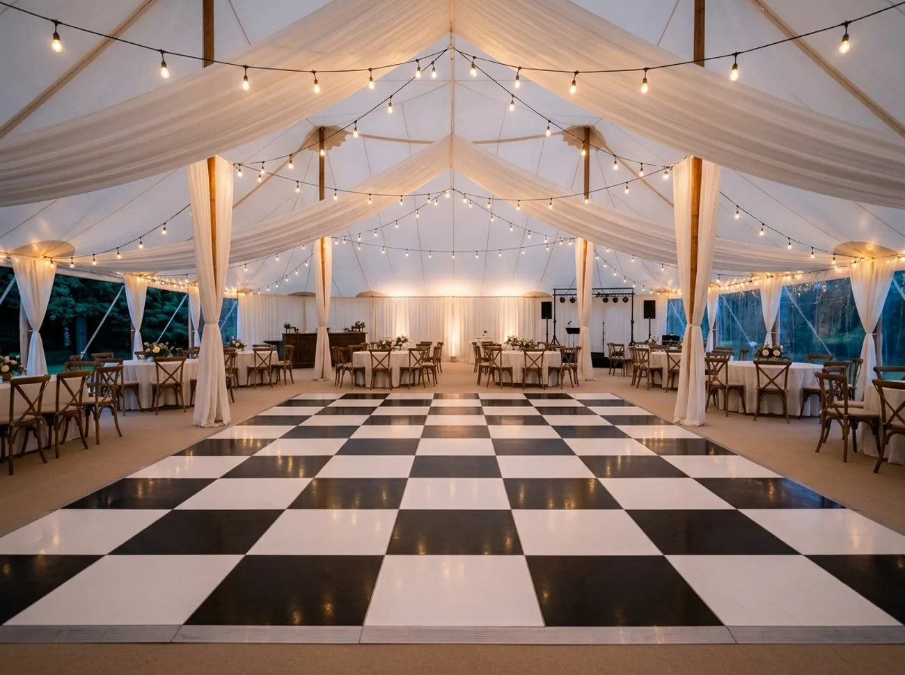 Warm bistro string lights at outdoor event